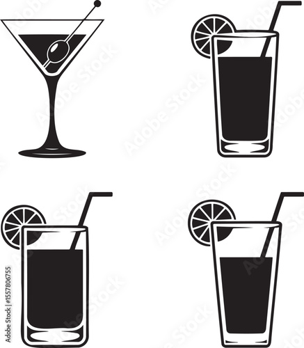  Set of Alcoholic cocktails silhouette vector illustration isolated On Transparent Background 
