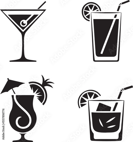  Set of Alcoholic cocktails silhouette vector illustration isolated On Transparent Background 