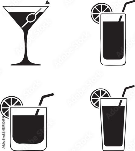  Set of Alcoholic cocktails silhouette vector illustration isolated On Transparent Background 