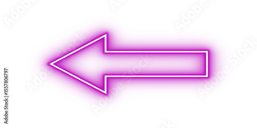 Bright purple pink color neon light arrow pointing left with glowing effect on transparent background for modern digital graphic design with vibrant stylish visual concept