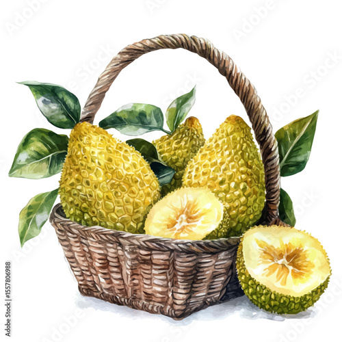 Foto Jackfruit Fruit Basket, watercolor vector, isolated on a white background