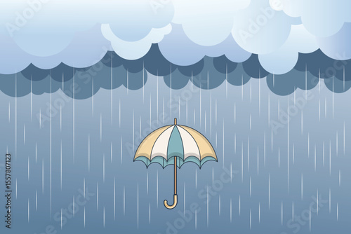 Cartoon vector illustration of a colorful umbrella with soft falling raindrops in pastel tones for children’s weather themes, baby room decor, and nursery wall art
