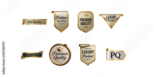 Collection of Premium Quality Gold and Beige Labels, Luxury Product Badges, and Best Quality Ribbon Banners
