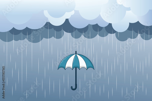 Flat pastel vector of umbrella in the rain with cute blue drops, designed for rainy day backgrounds, kids illustrations, and seamless nursery patterns
