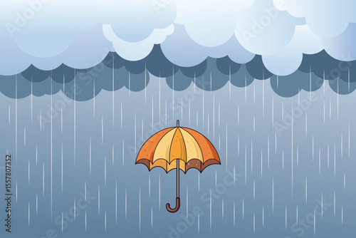 Vector umbrella and cartoon raindrops in soft pastel colors, flat design ideal for baby shower invitations, children’s storybooks, and weather-themed graphics
