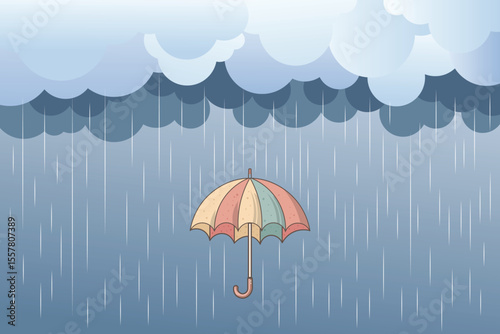 Colorful cartoon umbrella with water drops falling from the sky, flat vector illustration perfect for kids room artwork, seasonal backgrounds, and baby printables
