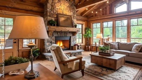 Warm cabin interior showcases a cozy fireplace, inviting sofa, and bright windows with forest views creating a relaxing space.