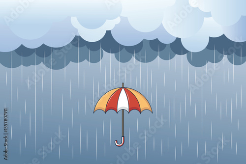 Flat cartoon umbrella with rain falling, pastel vector design for nursery art, children’s prints, and seamless backgrounds for kids themes
