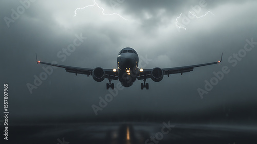Airplane descending during a lightning storm. Landing in inclement weather showcases its robustness and technical prowess. A dramatic and striking scene.