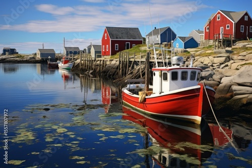 Calm waters reflect colorful fishing boats and houses in the charming harbor of peggy's cove, nova scotia, canada