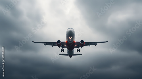 Passenger plane approaching for landing against a grey sky. Commercial aviation, air travel concept, transportation, safety, modern travel industry.