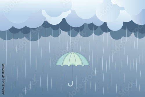 Open umbrella with light rain in pastel colors, cartoon flat vector ideal for seasonal graphics, baby book covers, and weather learning tools
