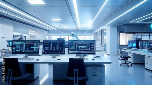 Explore a bright, modern research laboratory with cutting edge robotics and computer equipment ready for scientific discovery.