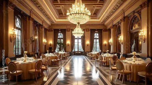Impressive banquet hall exhibits elegance with tables set for a formal dinner under sparkling chandeliers.