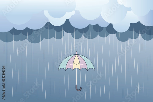 Illustration of umbrella with raindrops falling from the sky, flat cartoon vector for kids decor, weather-themed books, and seamless nursery prints
