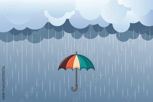 Colorful umbrella and rain pattern, vector cartoon flat design in pastel colors for baby-themed graphics, children’s books, and weather visuals
