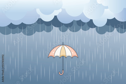 Cartoon umbrella and drizzle in flat pastel vector, children’s illustration for baby room backgrounds, seasonal artwork, and educational themes
