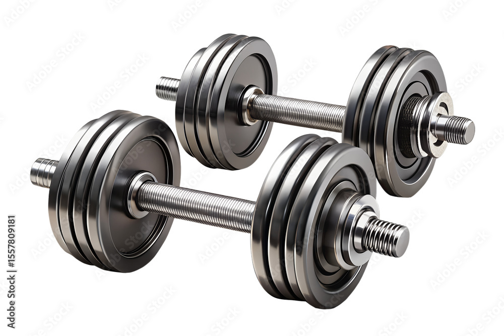 Naklejka premium Two chrome dumbbells for fitness and exercise isolated on transparent background