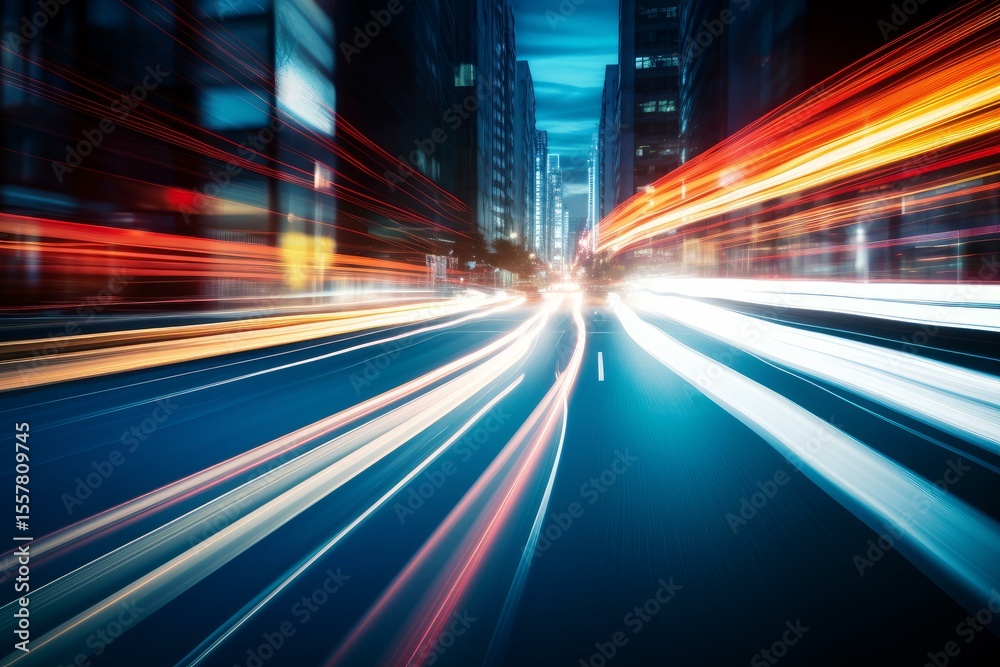 Colorful streaks of light illuminate a busy city street at night, creating a dynamic urban scene Colorful streaks of light illuminate a busy city street at night, creating a dynamic urban scene