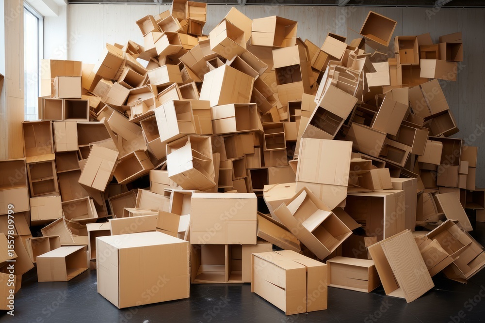 Fototapeta premium Cardboard boxes stacked and scattered, creating an abstract form, suggesting concepts of shipping, storage, and excess