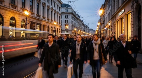 Twilight City Stroll: Motion Blur of Urban Shoppers on a European Street
