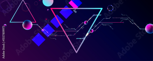 Dark retro futuristic cyberpunk elements abstraction background cosmos synthwave vaporwave retrowave glitch circle with blue and pink glows