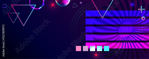 Dark retro futuristic cyberpunk elements abstraction background cosmos synthwave vaporwave retrowave glitch circle with blue and pink glows