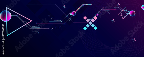 Dark retro futuristic cyberpunk elements abstraction background cosmos synthwave vaporwave retrowave glitch circle with blue and pink glows