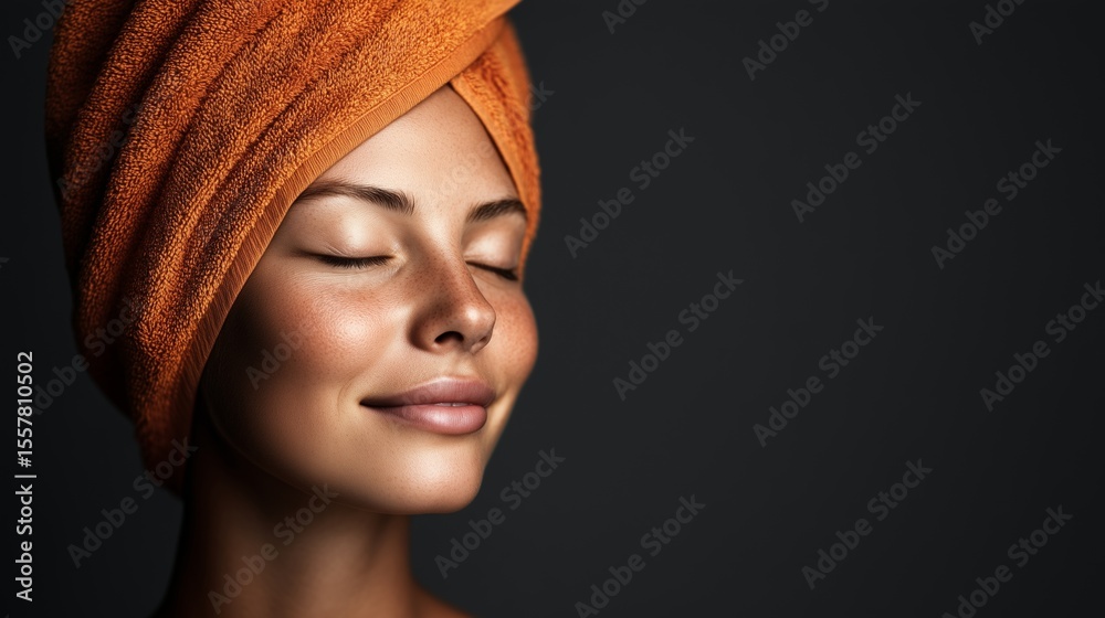 Fototapeta premium Serene woman with orange towel turban