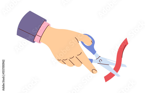 Business hand cutting red ribbon