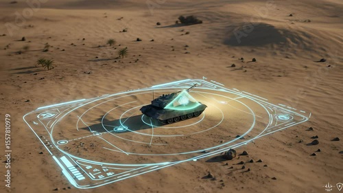 Military Tank with Advanced Digital Targeting System and Missile Defense in a Sandy Desert Scene with a Hot Climate Under the Sun