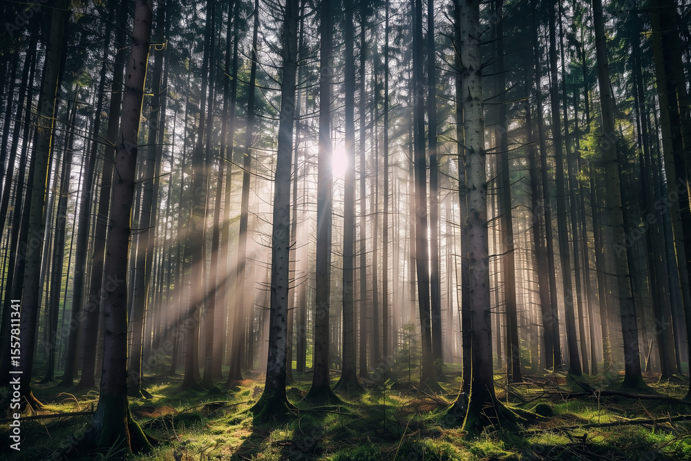 Obraz premium A captivating view into a dense woodland area where sunlight filters through tall, straight trees. The bright rays highlight the lush moss on the forest floor creating a magical atmosphere.