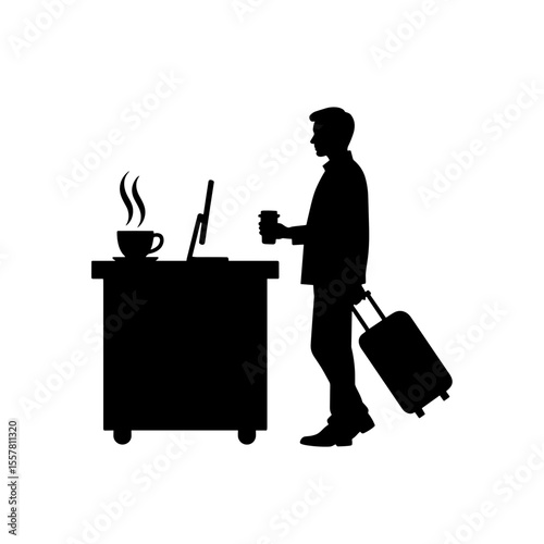 Man waiting with coffee at counter while traveling in airport - Concept of Things to do in airport  