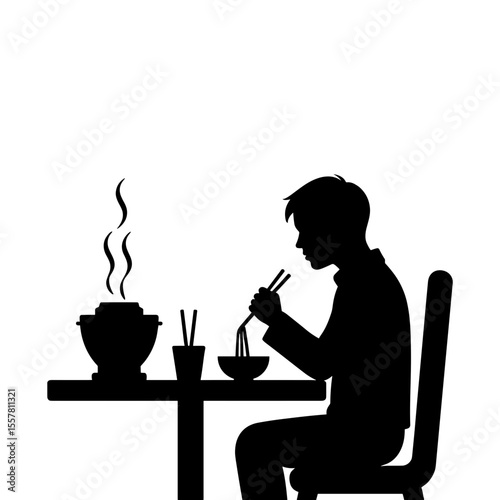 Man eating noodles with chopsticks at table representing Food & Shopping  