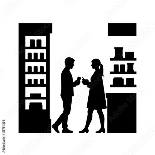 Silhouetted couple shopping for snacks at airport vending machine  