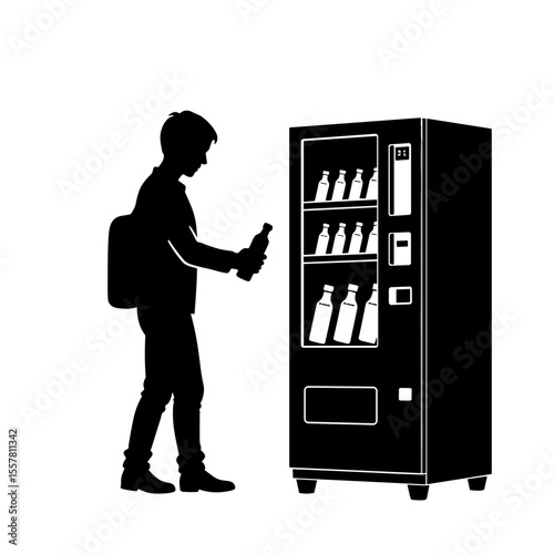 Silhouette of young man buying drinks from vending machine in airport  