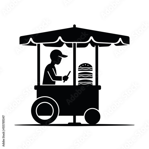 Food cart selling sandwiches with vendor preparing orders outdoors  