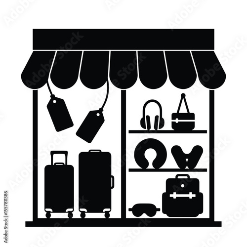 Travel accessories store window displaying luggage and travel gear  