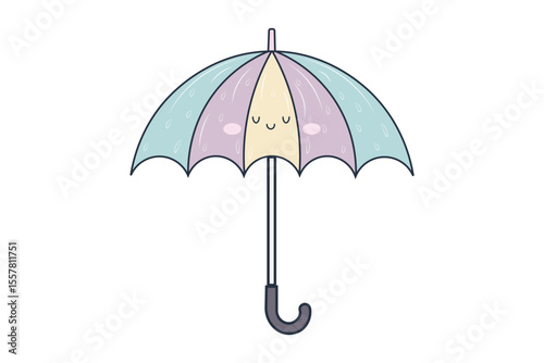 Umbrella with gentle drizzle, cartoon flat vector design in soft pastel tones for nursery backgrounds and children’s rainy day prints
