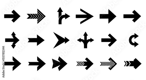 Black vector arrow set: web icons, direction symbols, and pointer button illustrations