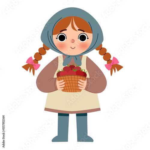 Illustration of a little girl with tomato basket