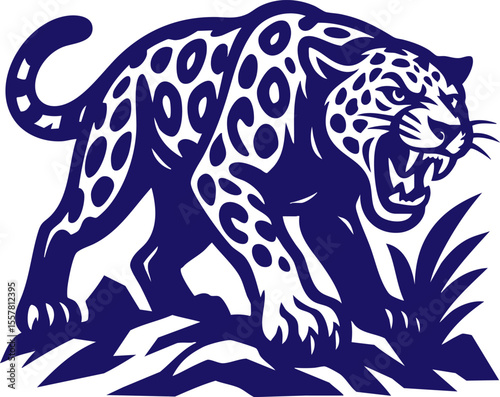 Roaring jaguar illustration in bold graphic style on white background