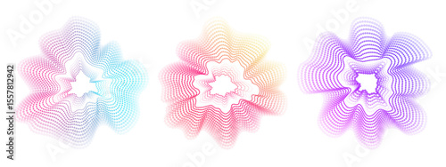 Sonic neon neon circular waves. Abstract vector wavy gradient circles. Minimalistic sound rainbow dot lines . Colorful cover for music poster and banner. Radial spectrum.