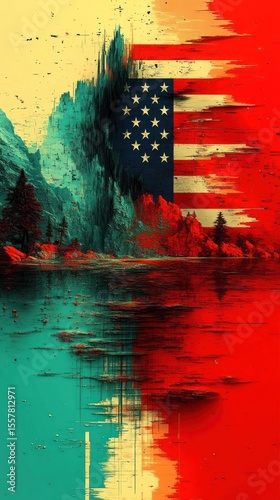 Abstract landscape merging American flag and mountainous terrain