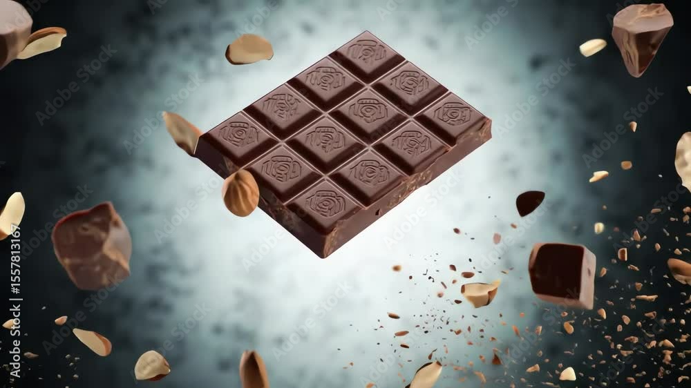 Chocolate bar surrounded by almonds  chocolate pieces against a mottled background