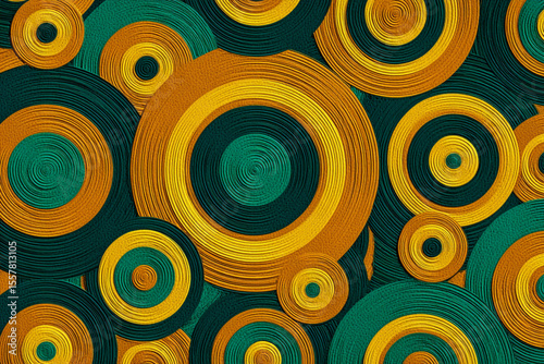 Colorful abstract design featuring concentric circles in green, yellow, and brown tones displayed in a vibrant arrangement