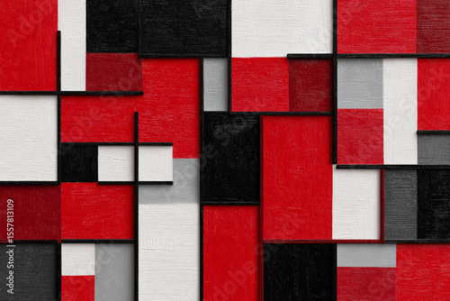 Colorful abstract composition featuring geometric shapes in red, black, white, and gray tones on textured canvas