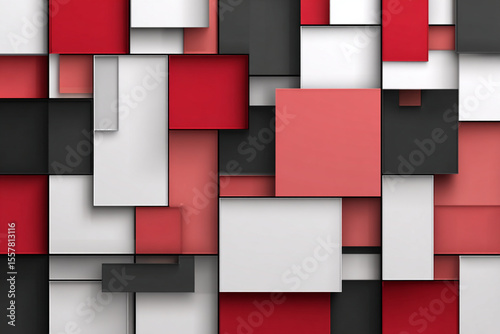 Modern abstract geometric patterns in red, black, and white colors create a dynamic visual composition