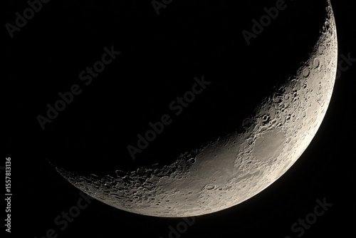 Crescent moon illuminates night sky in delicate beauty over serene horizon