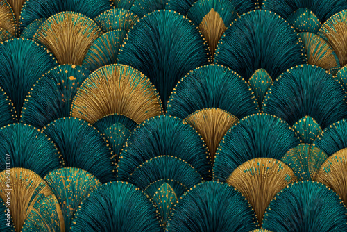 Colorful abstract design with teal and gold fan shapes creates a mesmerizing pattern